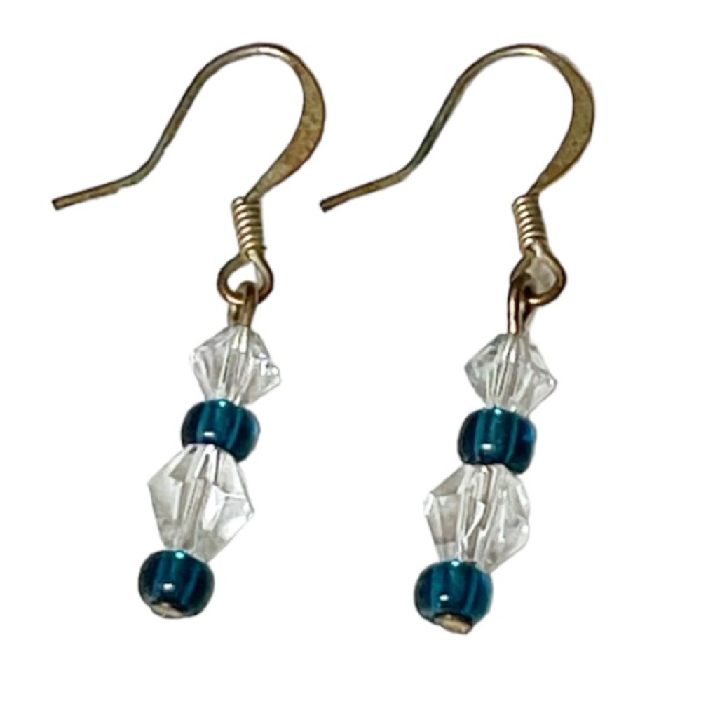 Vintage gold blue faceted bead drop earrings
